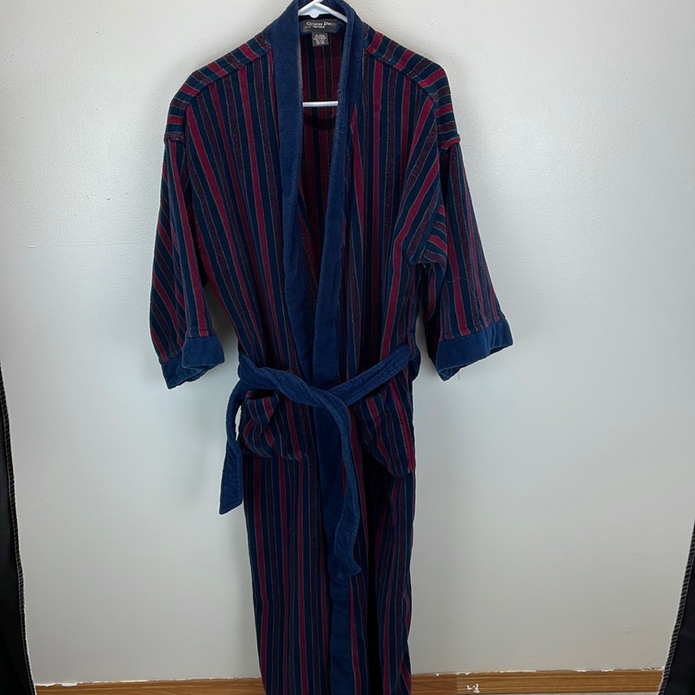 Vintage Christian Dior Navy & Burgundy Striped Robe